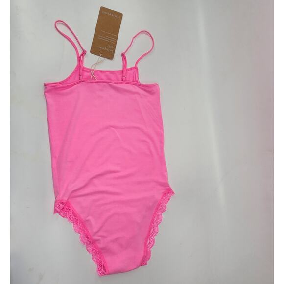 Stripe & Stare Spagehtti Bodysuit One Piece Womens Small Pink Lace Trim Stretch - Picture 3 of 7